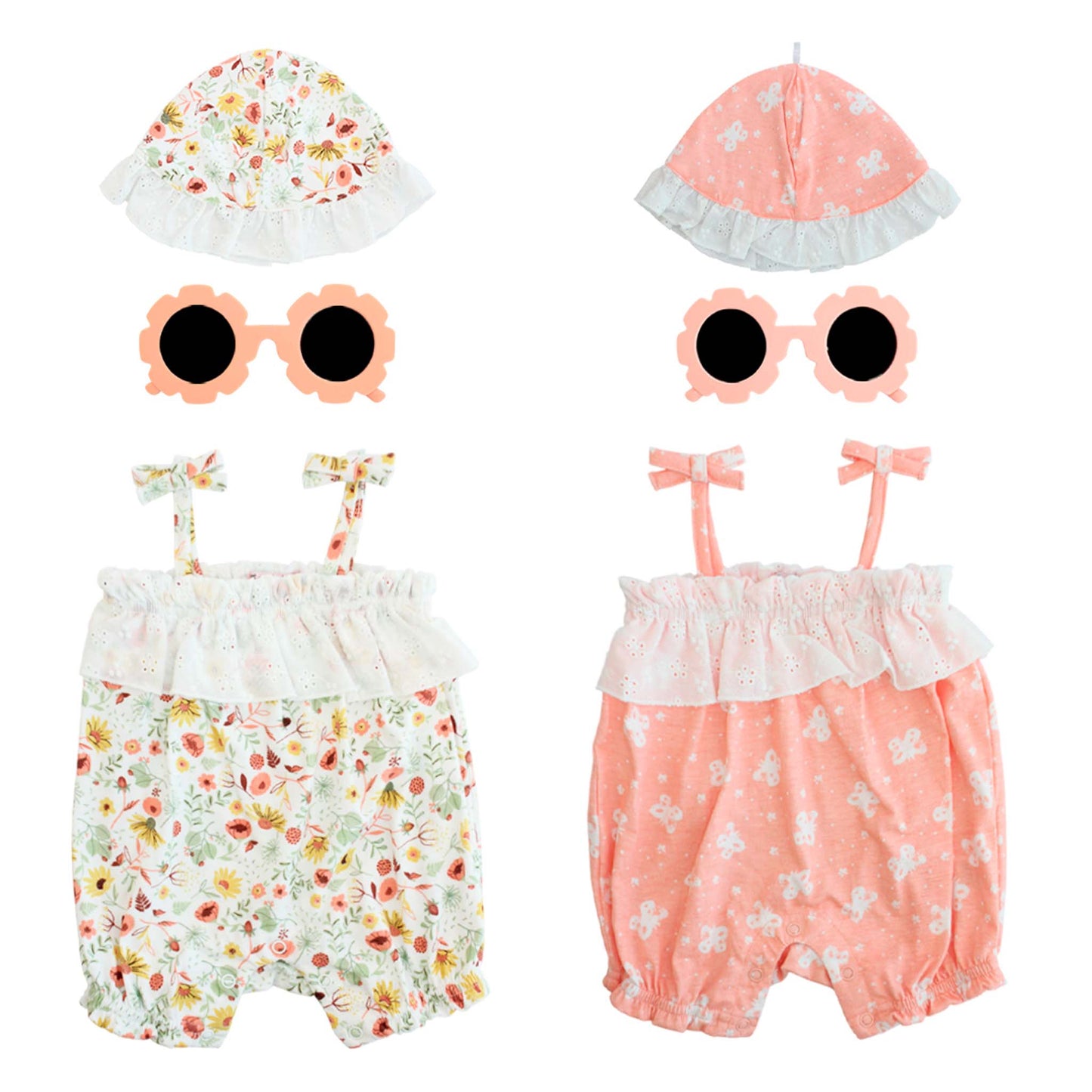 Set 3 piezas sombrero gafas de sol vestido blanco floreado bebe niña Tinytots AP15169