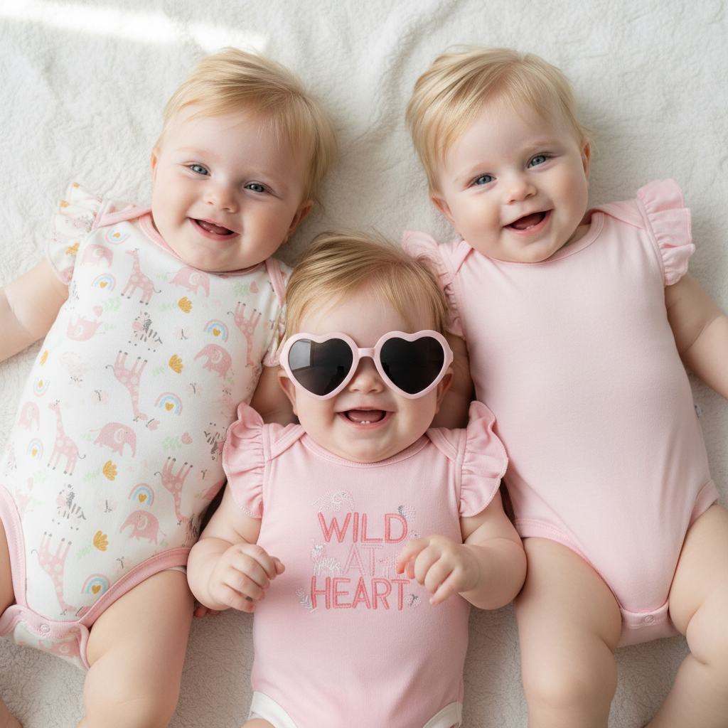 Set 4 piezas mamelucos rosado morado lentes rosados bebe niña Tinytots AP16003