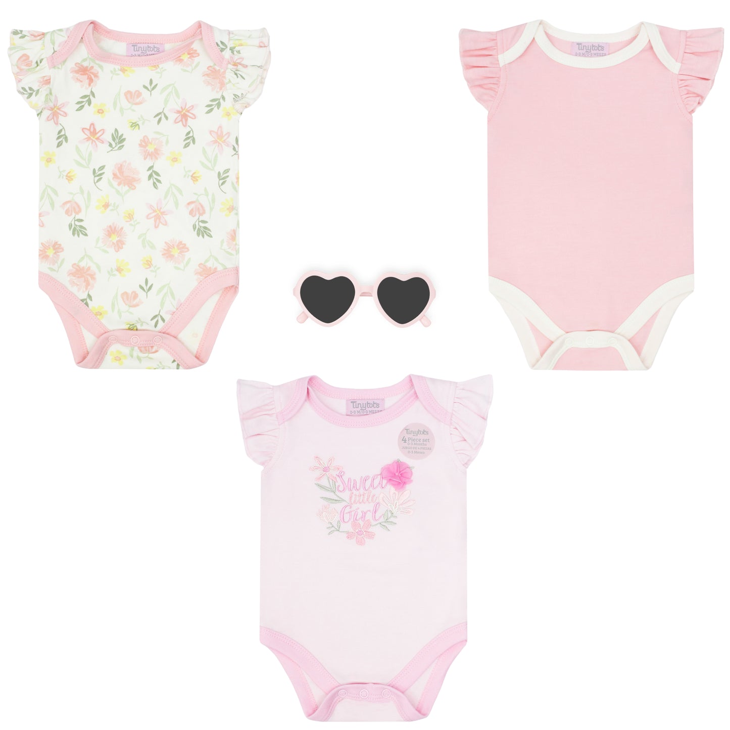 Set 4 piezas mamelucos rosado lentes rosados bebe niña Tinytots AP16005