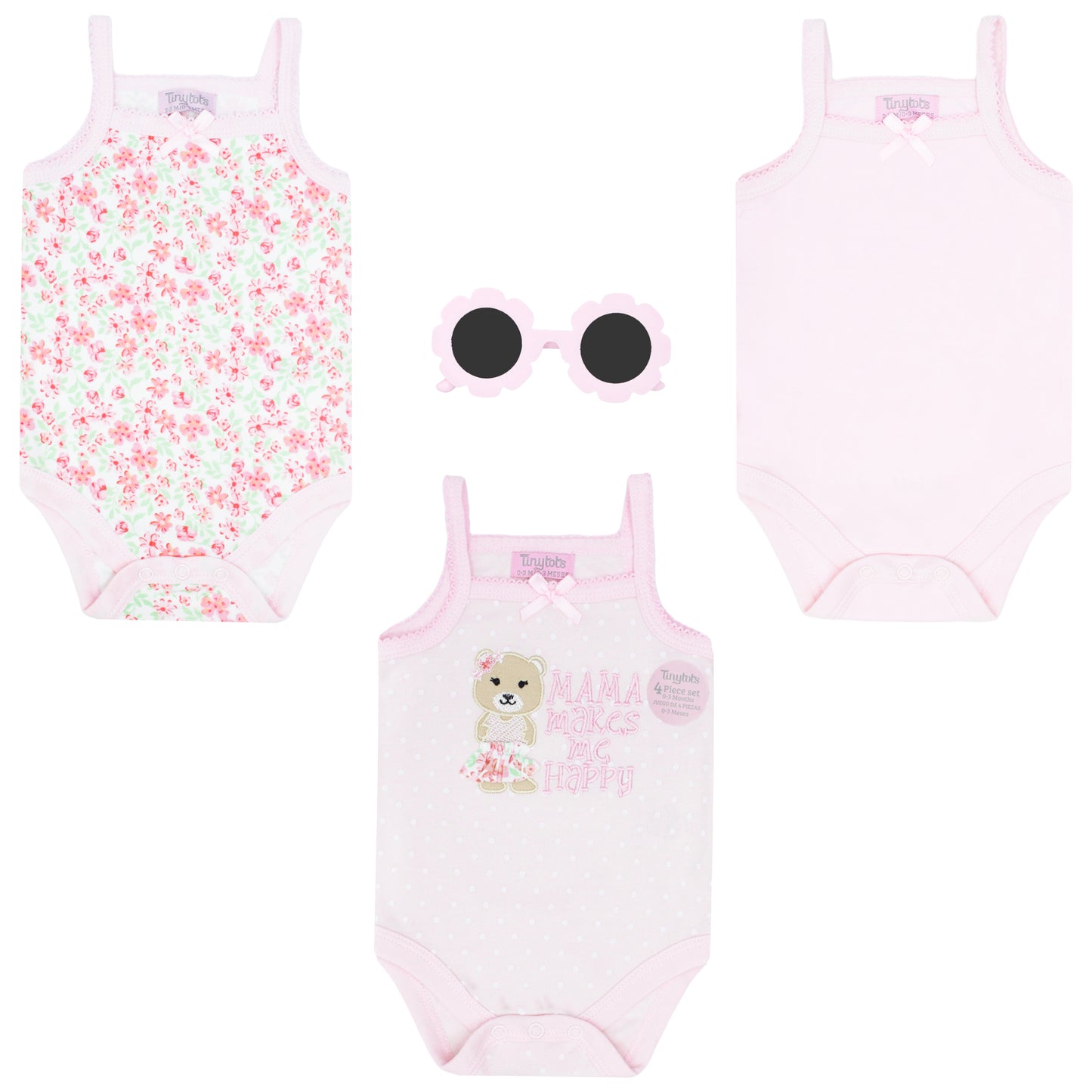 Set 4 piezas mamelucos rosado lentes rosado bebe niña Tinytots AP16014