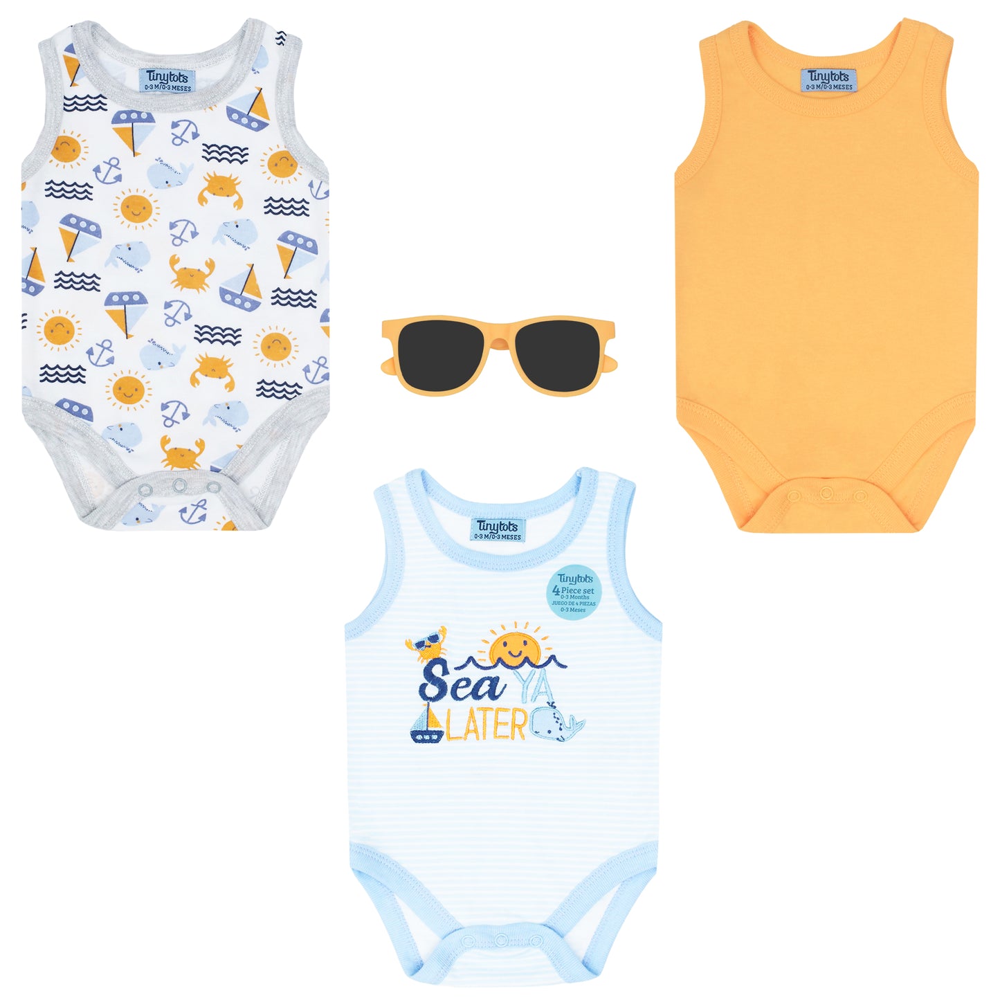 Set 4 piezas mamelucos gris azul naranja lentes naranja bebe niño Tinytots AP16015