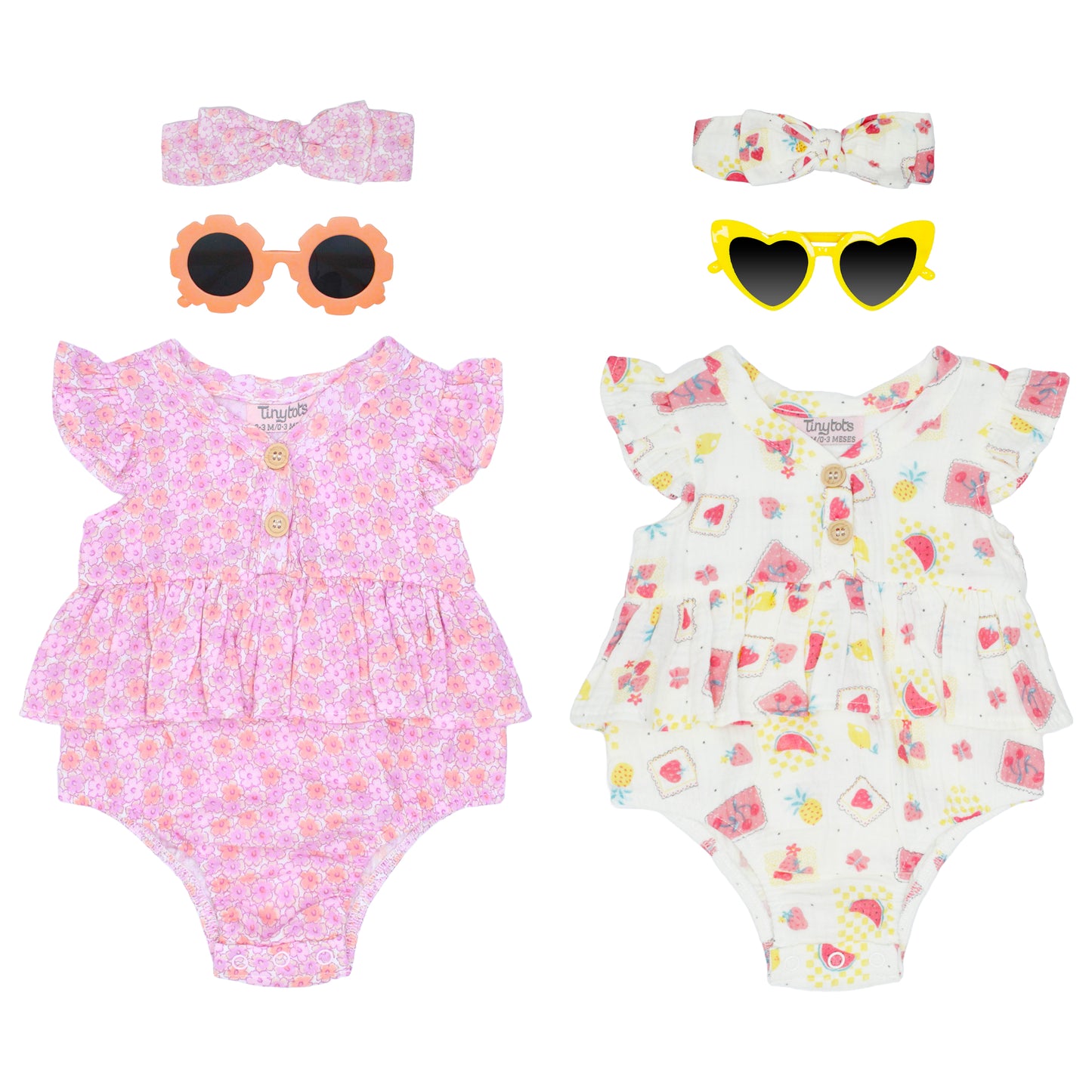 Set 3 piezas mameluco blanco rosado bincha lentes amarillo bebe niña Tinytots AP16045