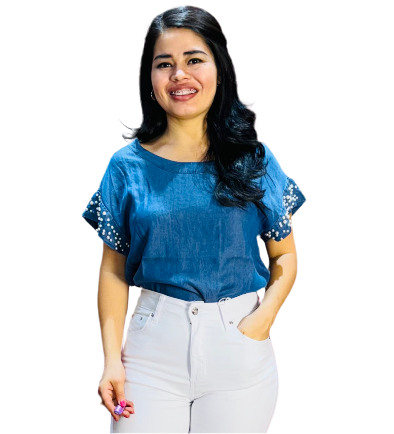 Camisa blusa dama azul jean perla en la manga CTD1188-8 590490