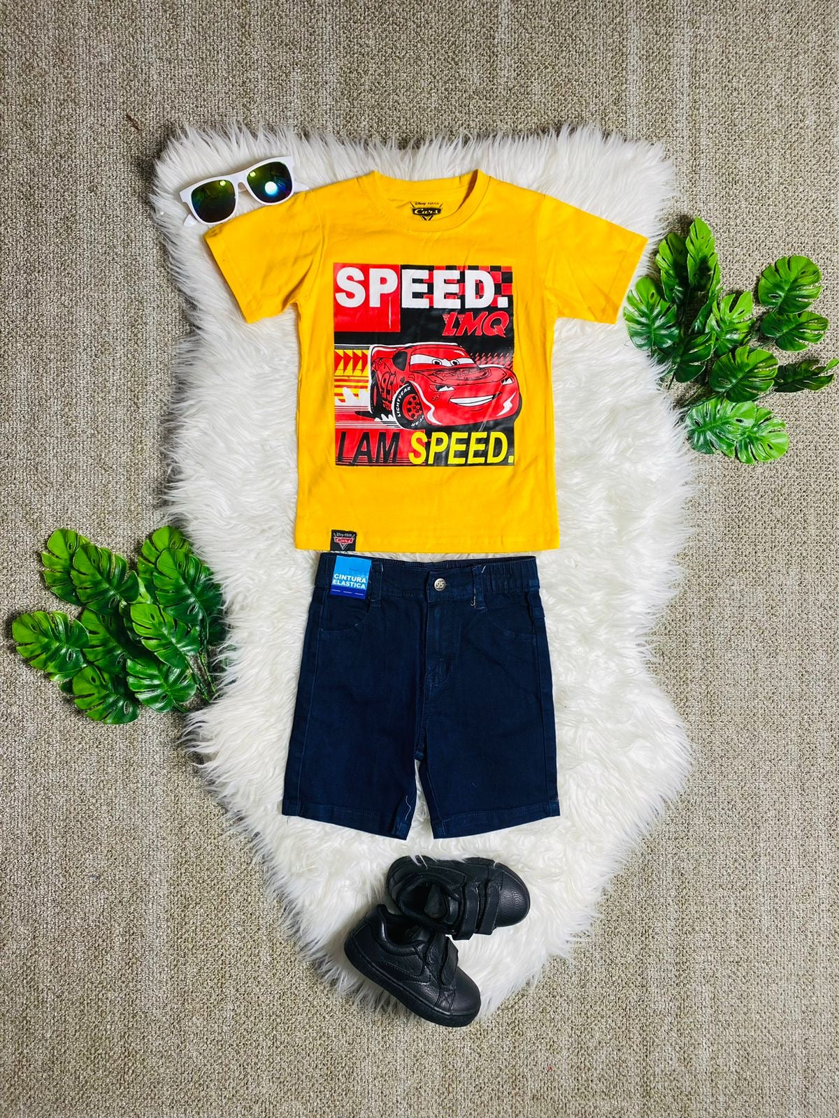 Set 2 piezas cars short camisa amarilla niño