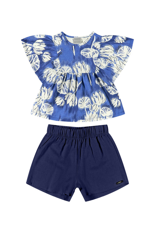 Set 2 piezas niña quimby short azul camisa flores 34160-FLO980 revuelos