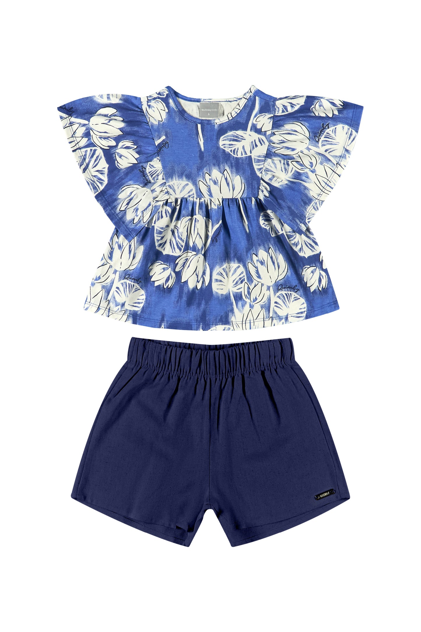 Set 2 piezas niña quimby short azul camisa flores 34160-FLO980 revuelos hawaiano