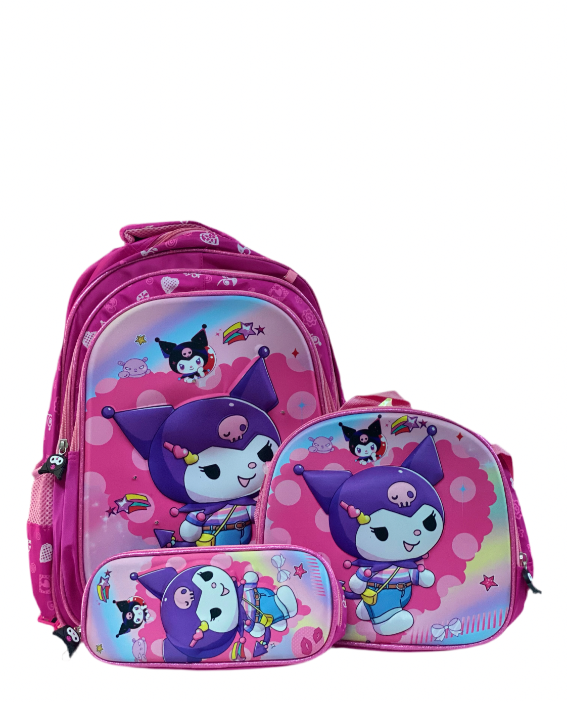 Mochila rosada kuromi morada y negro “17”pulgadas lonchera y lapicera.