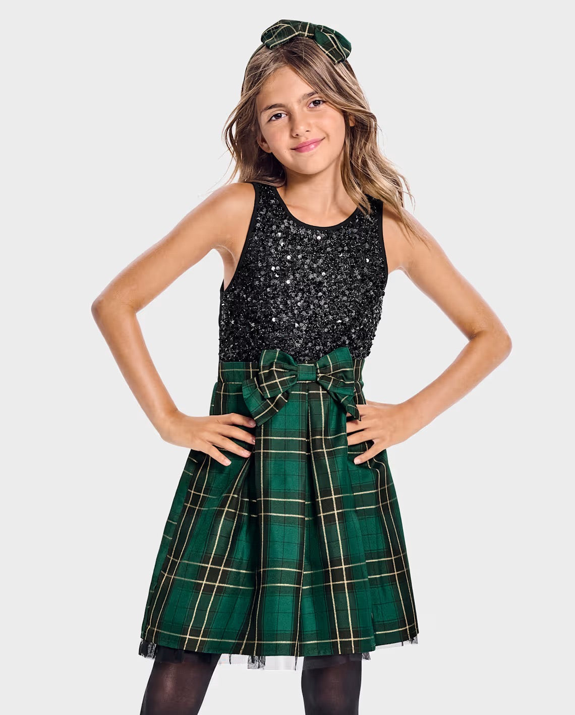 Vestido niña Childrens Place verde cuadros lentejuelas 06262000