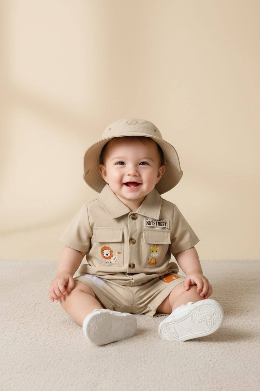 Set 3 piezas camisa pantalon gorro safari bebe niño sa25021046444044941