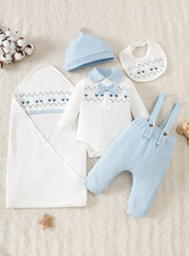 Set 5 piezas bebe niño mameluco gorro enterizo babero sabana azul sa25070161559149410