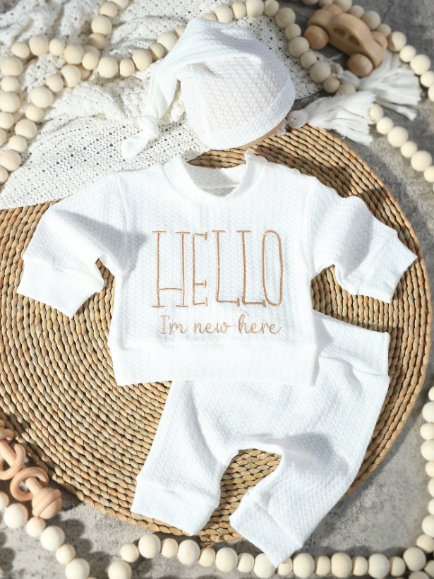 Set 3 piezas camisa pantalon gorro blanco unisex bebe niña niño sa2410114687614138