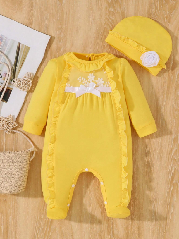Set conjunto bebe niña 2 piezas mameluco gorro amarillo sa2408069436368832