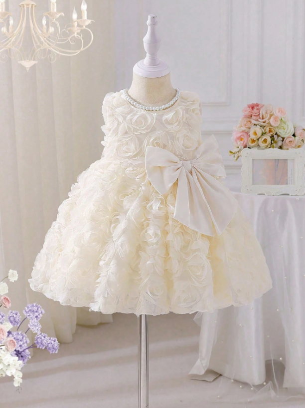 Vestido beige flores gala bebe niña sa25032702722471973