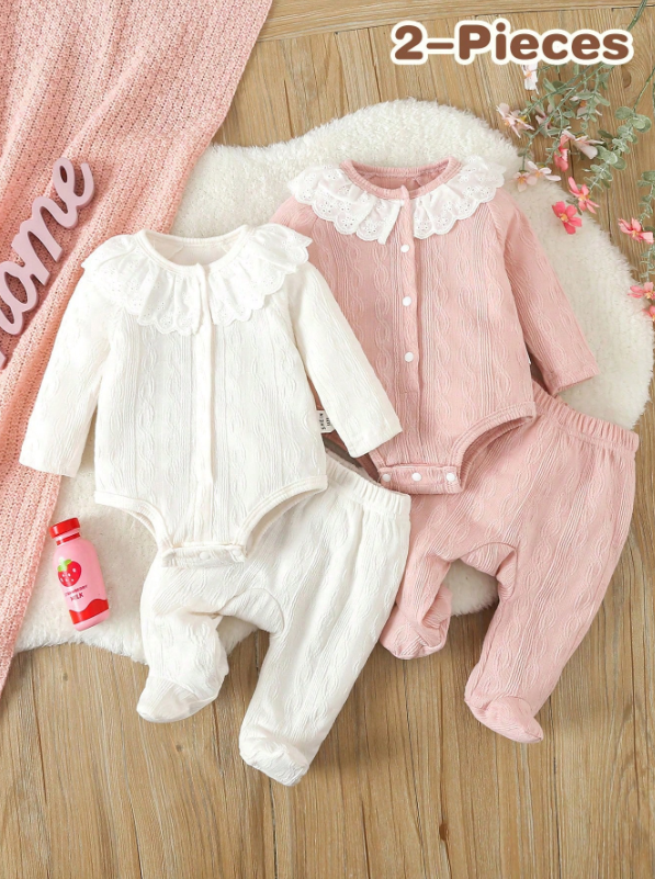 Set 2 conjuntos mameluco pantalon blanco rosado bebe niña sa2312287771499914