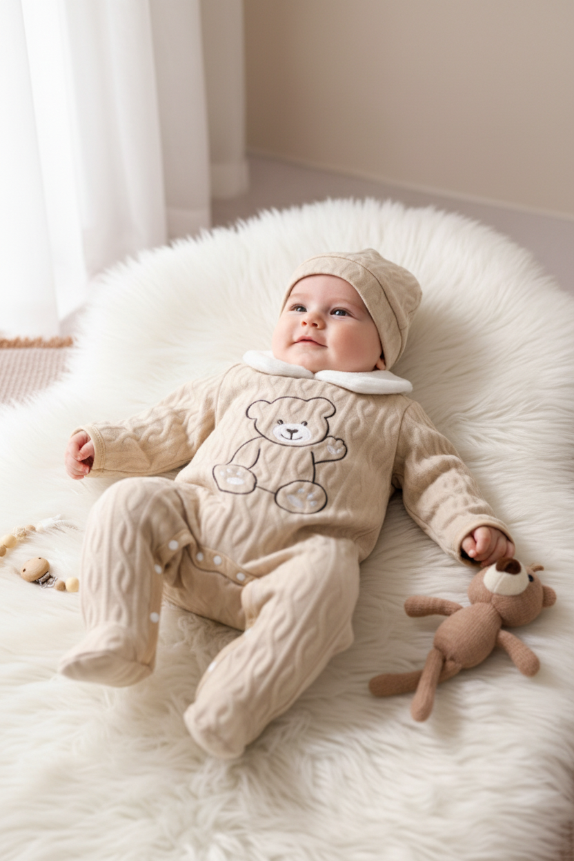 Set 3 piezas mameluco gorro toalla osito beige bebe niño sa25091558461947111