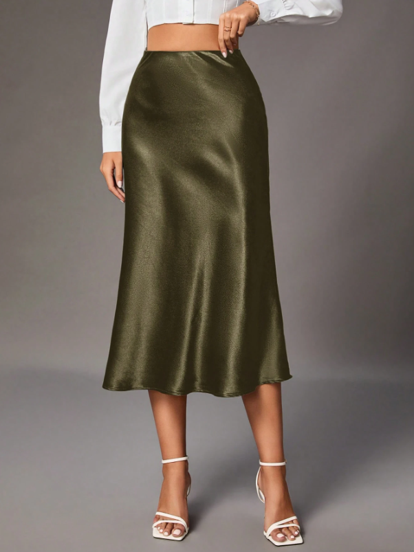 Falda satinada verde militar dama mujer sz2309228458529229