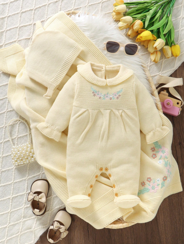 Set conjunto 3 piezas amarillo sabana mameluco gorro bebe niña sa25101694499142411