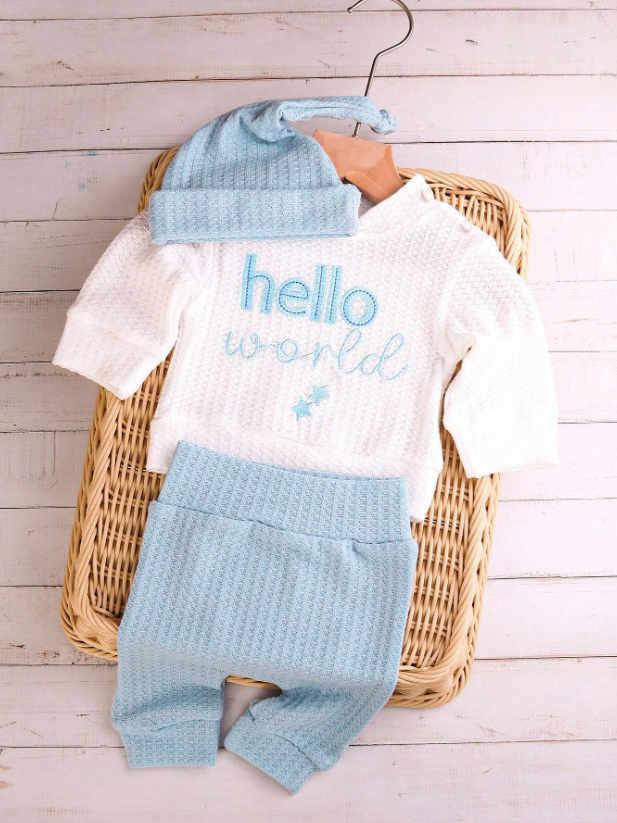 Set 3 piezas gorro azul camisa blanca pantalon azul celeste bebe niño sa25052952880583805