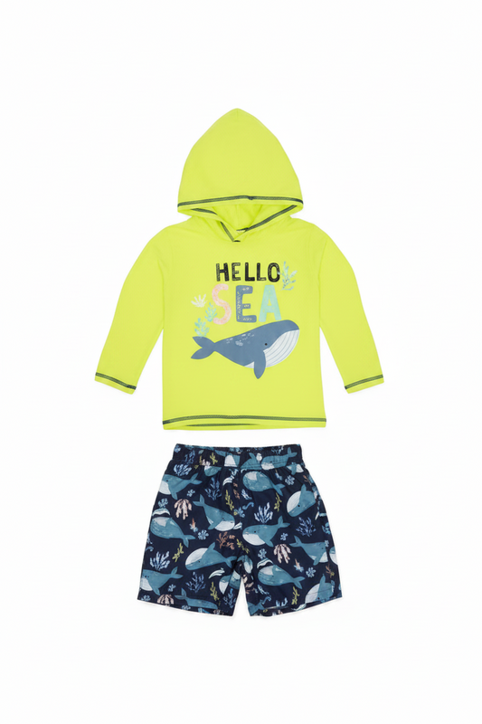 Set conjunto 2 piezas traje de baño camisa verde lima short azul oscuro bebe niño Tinytots 11378TT