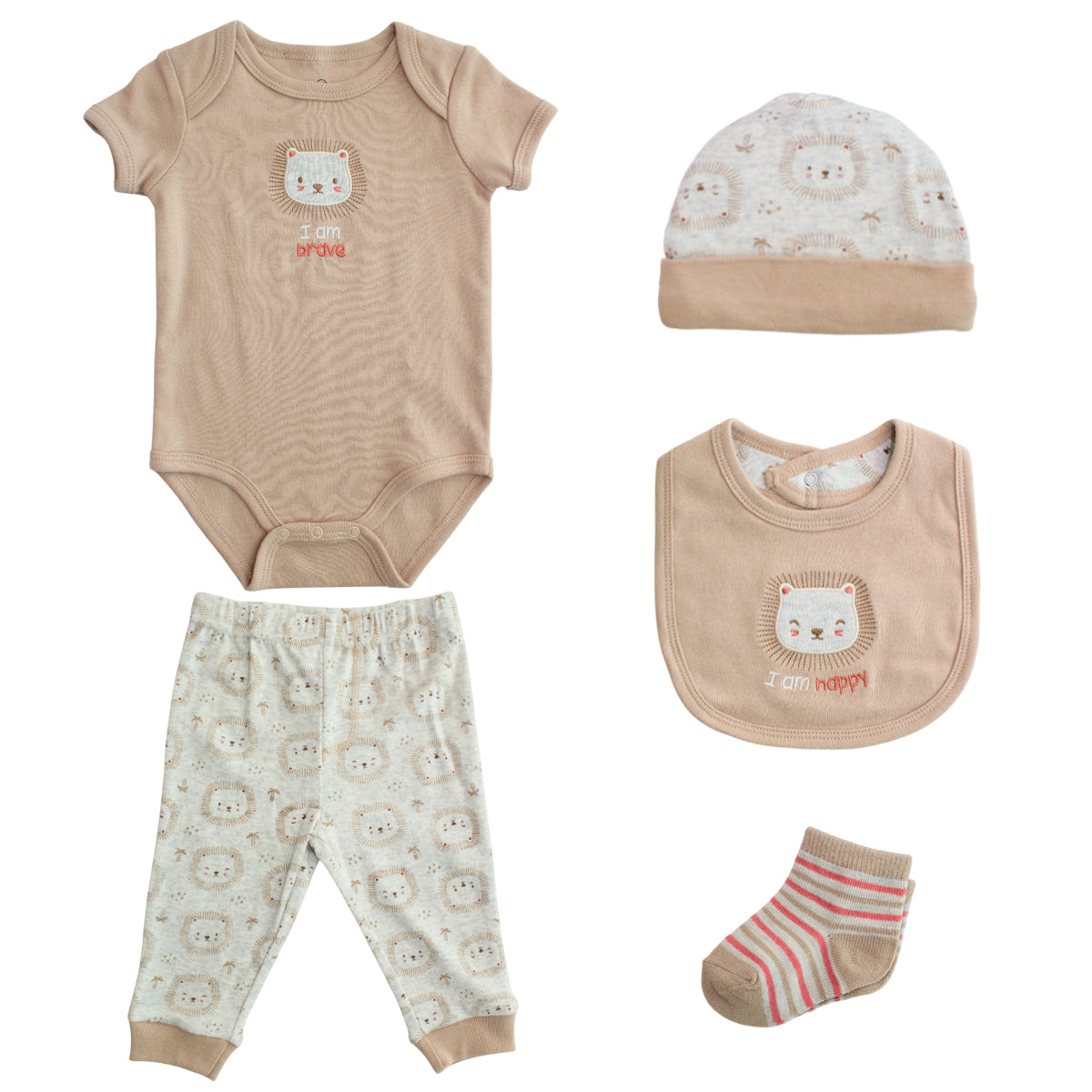 Set 5 piezas mameluco pantalon gorrito babero calcetines café bebe niño Tinytots D04646TT