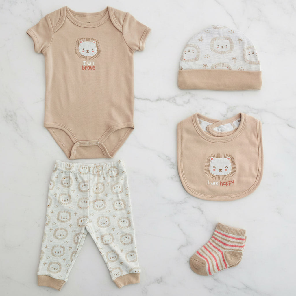 Set 5 piezas salida hospital mameluco pantalon gorrito babero calcetines café bebe niño Tinytots D04646TT Promo 2x1000