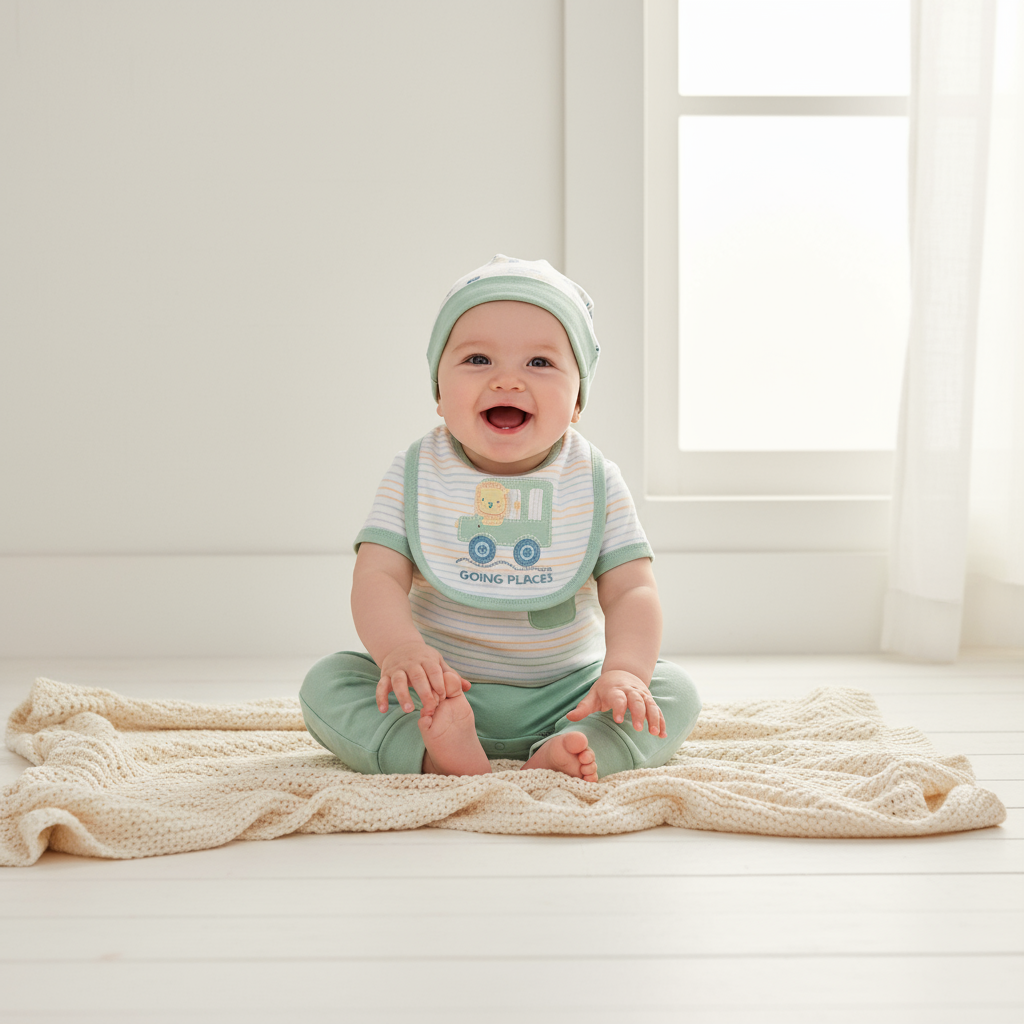 Set 5 piezas mameluco pijama babero gorro verde bebe niño Tinytots D07339TT promo 2x1000