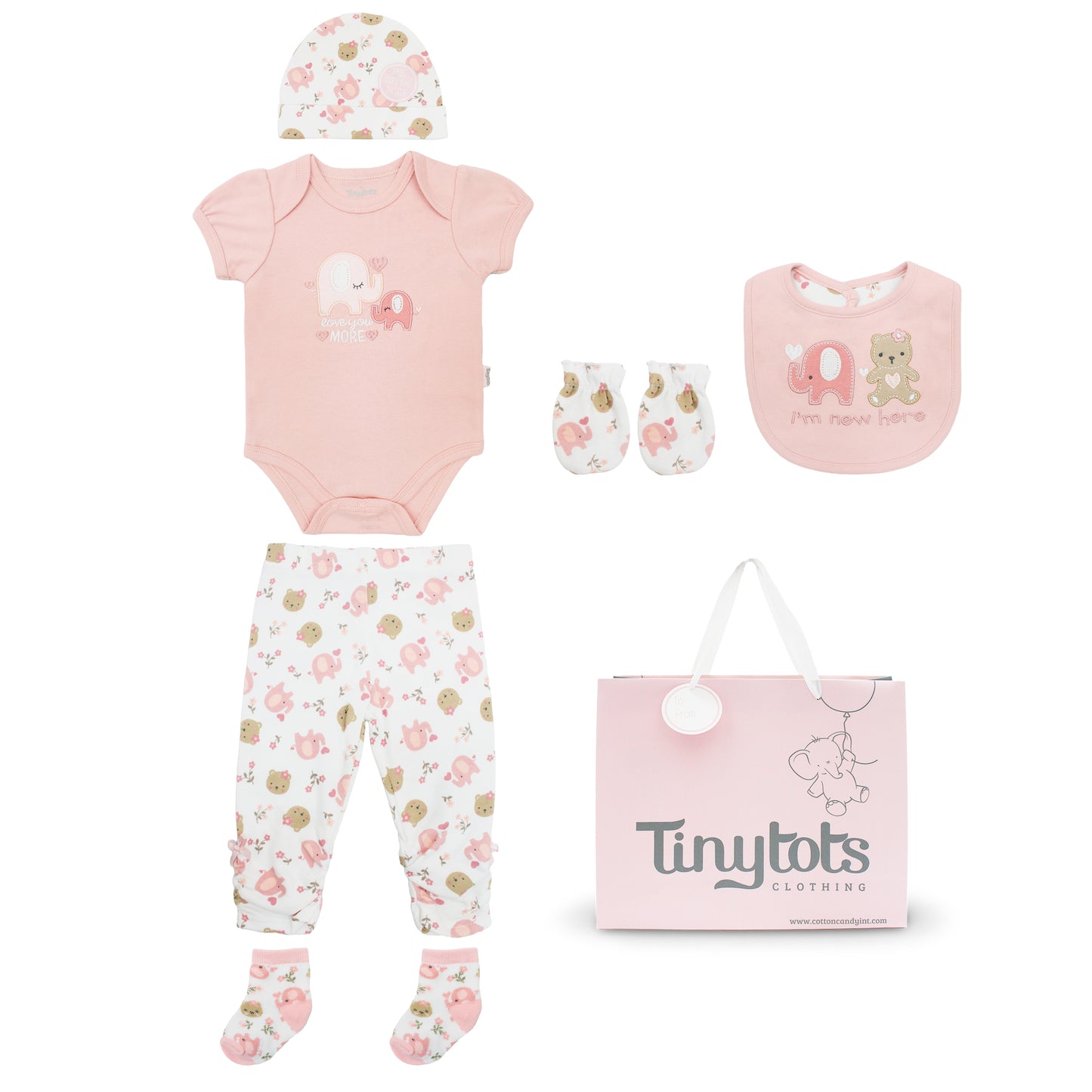 Set 7 piezas bebe niña gorro mameluco pantalon calcetines babero guantes oso elefante rosado Tinytots D08195TT