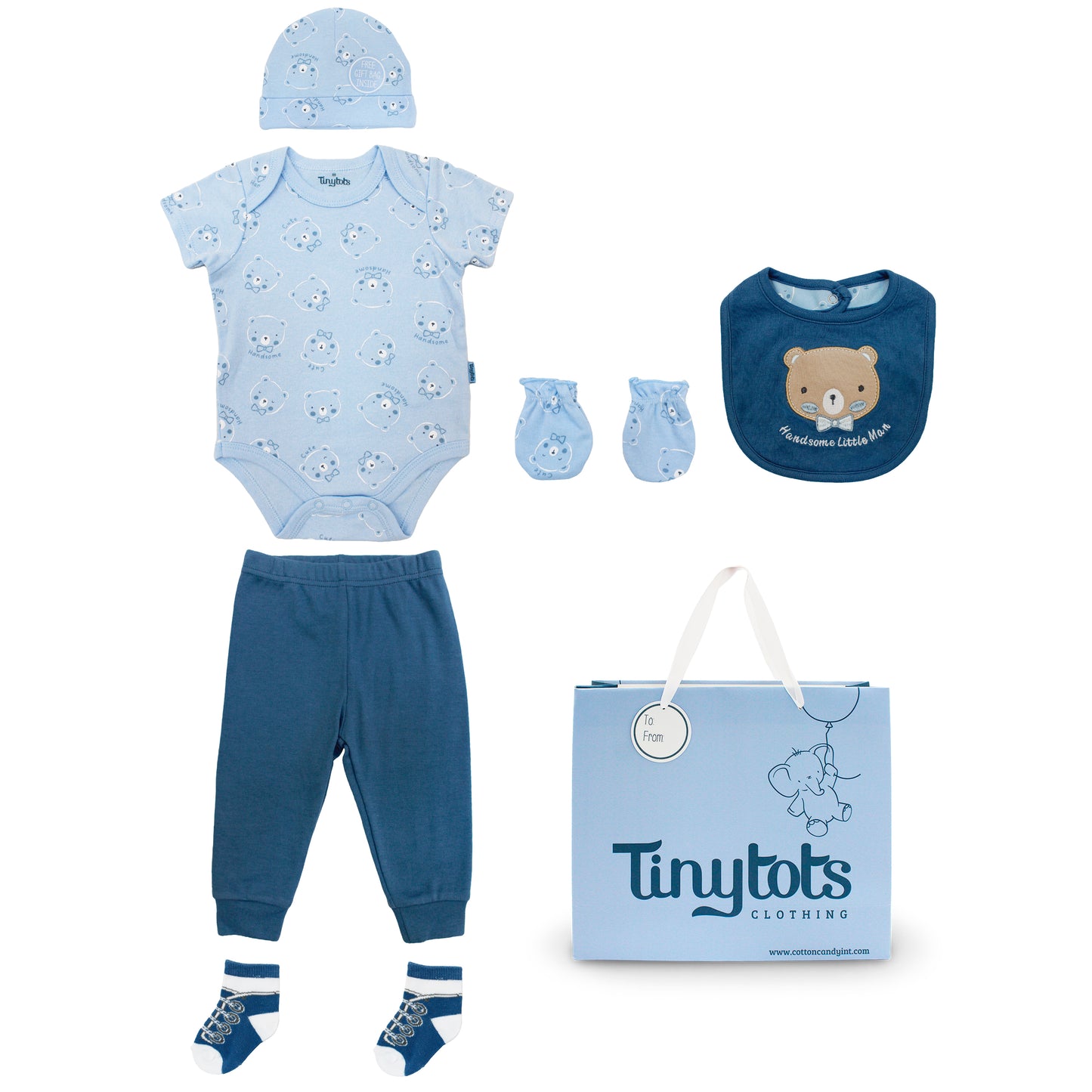 Set 7 piezas bebe niña gorro mameluco pantalon calcetines babero guantea azul oso Tinytots D08201TT bolsa regalo
