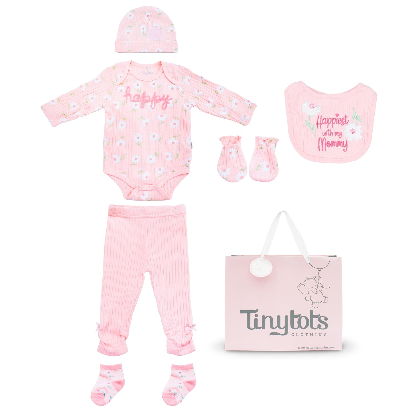 Set 7 piezas bebe niña gorro mameluco pantalon calcetines babero guantes Happy gato Tinytots D08203TT bolsa regalo