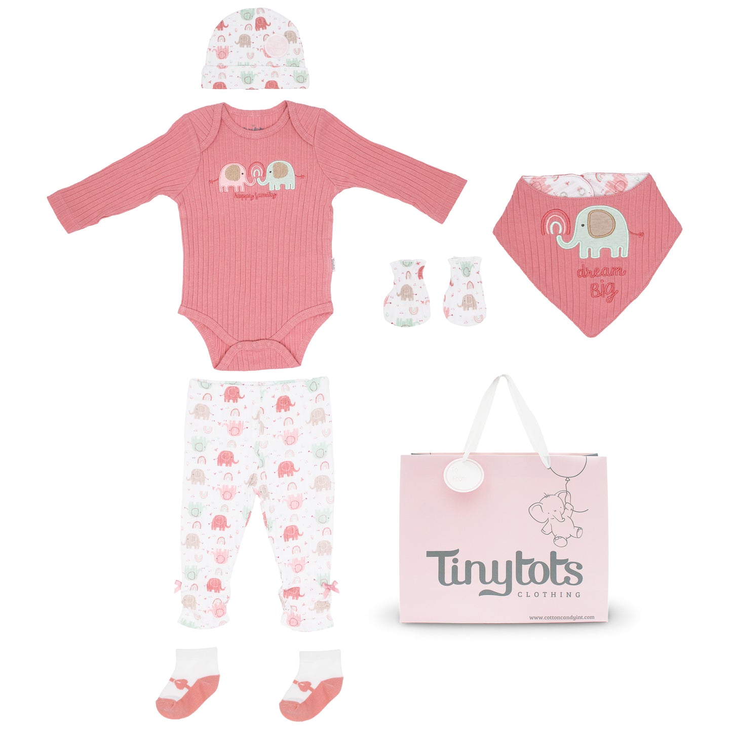 Set 7 piezas bebe niña gorro mameluco pantalon calcetines babero guantes rosado elefante Tinytots D08205TT bolsa regalo