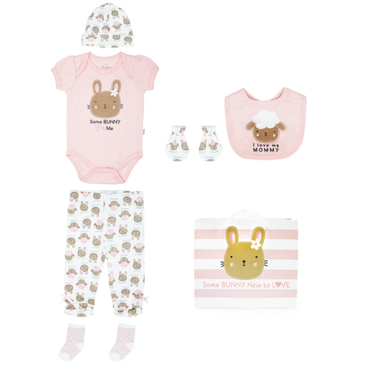 Set 7 piezas bebe niña conejo gorro mameluco pantalon calcetines babero medias mittones bebe niña Tinytots D08210TT