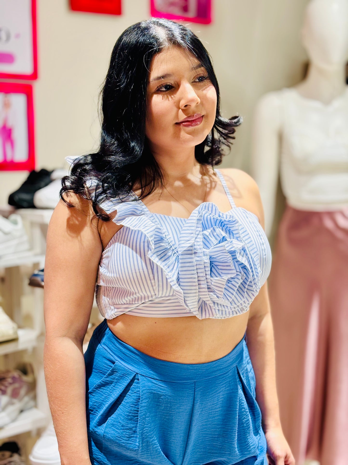 Blusa top blanco azul Dama flor CTD1242-11 690390