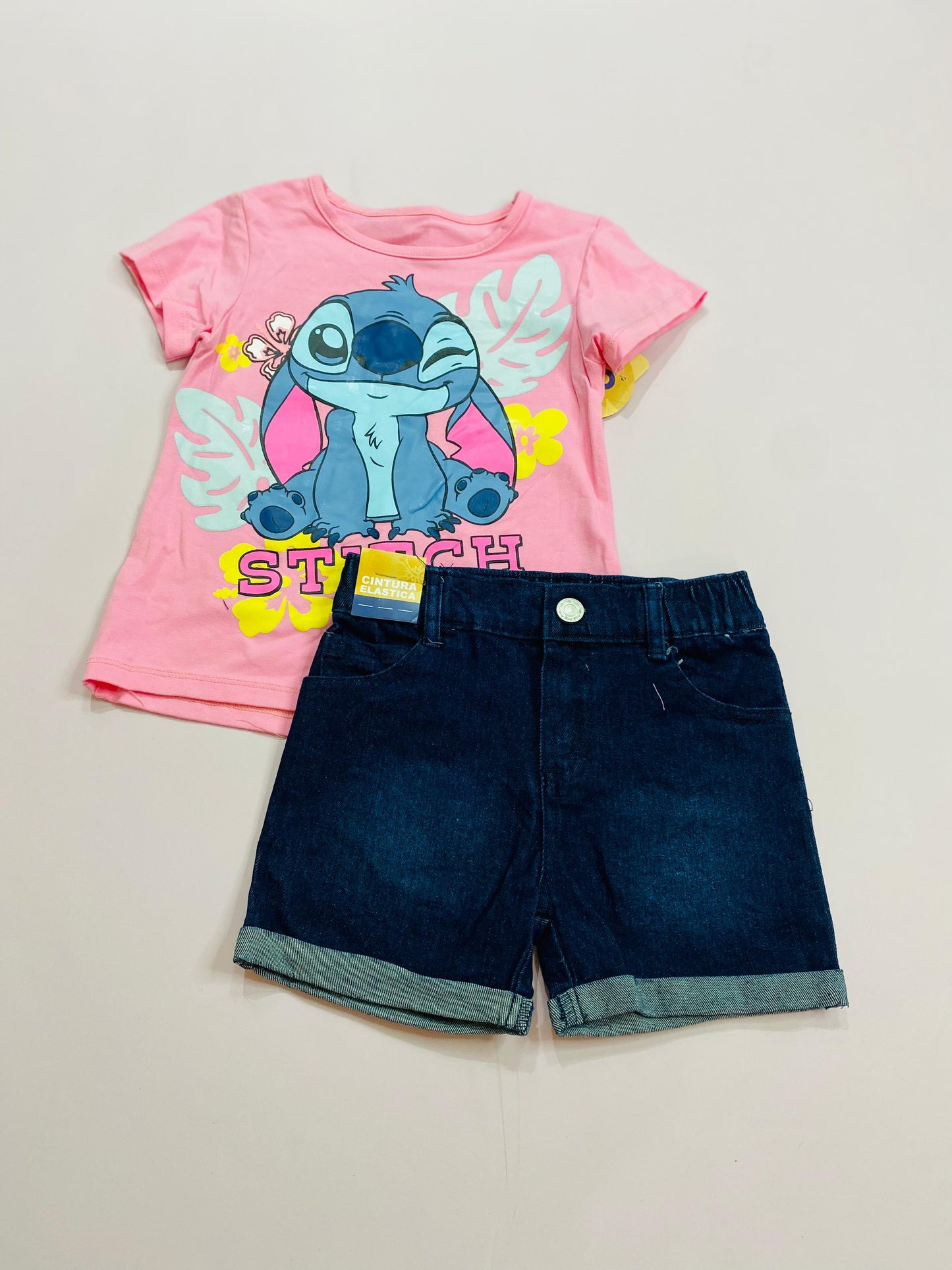 Set Conjunto niña short jean Stitch rosado D9-STI-100D