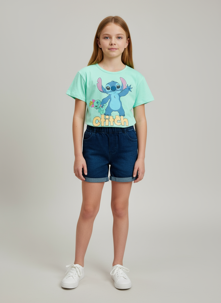 Set Conjunto para niña short jean azul celeste Stitch D9-STI-103D