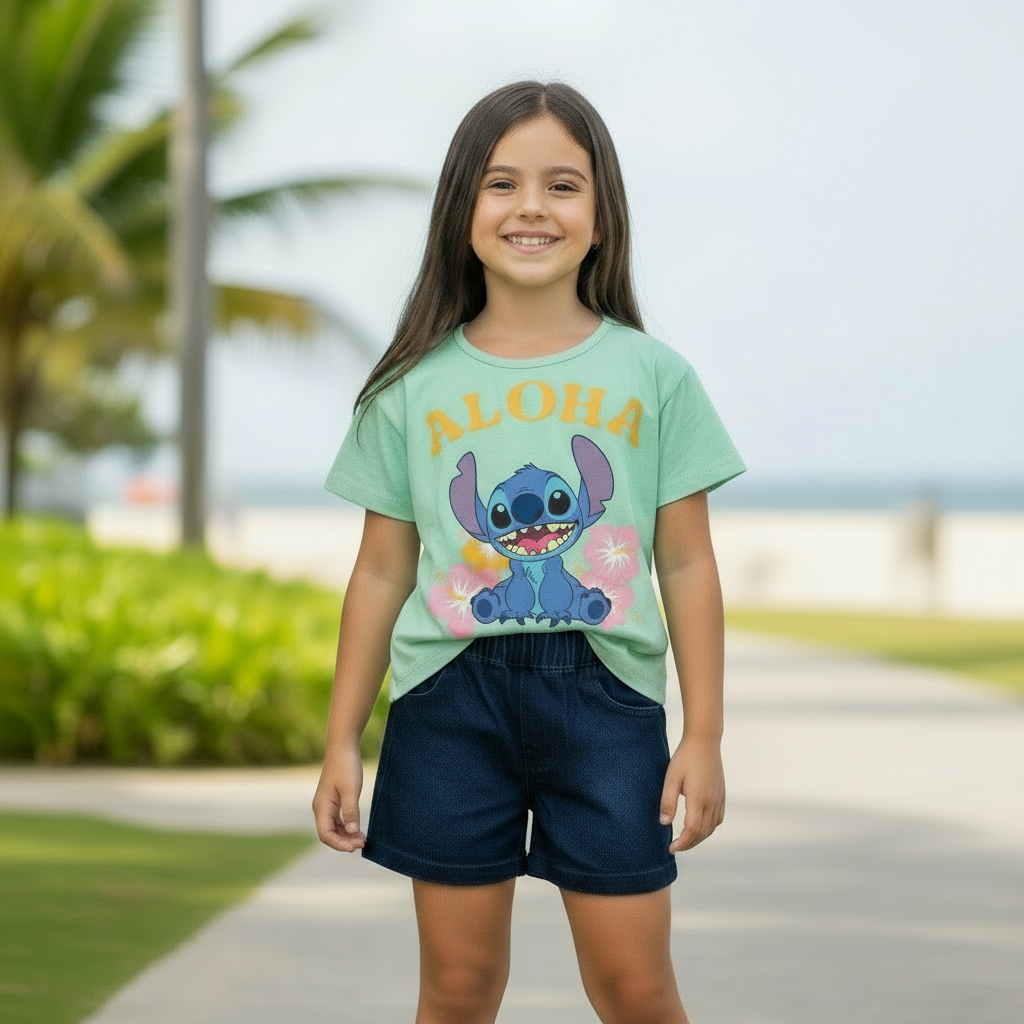 Set Conjunto para niña short jean verde menta Stitch D9-STI-104D