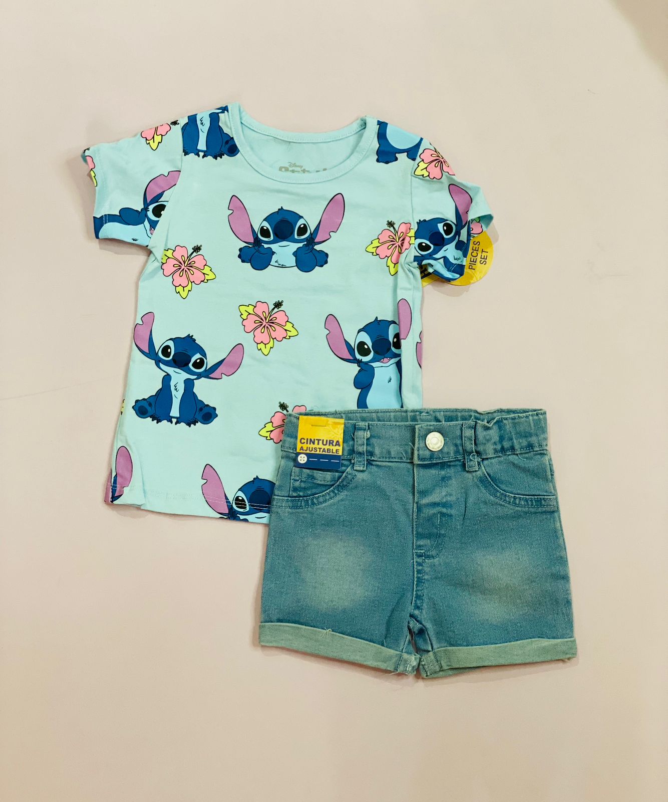 Set Conjunto short jean para bebé niña Stitch azul celeste D9-STI-178B
