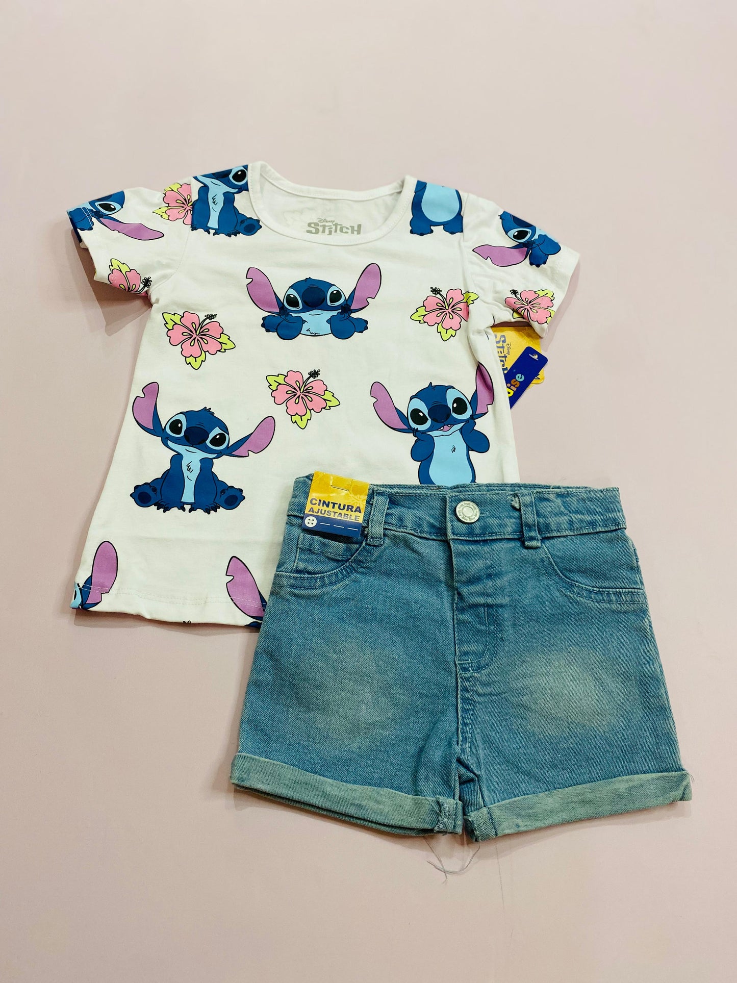Set Conjunto short jean para bebé niña Stitch blanco D9-STI-178B