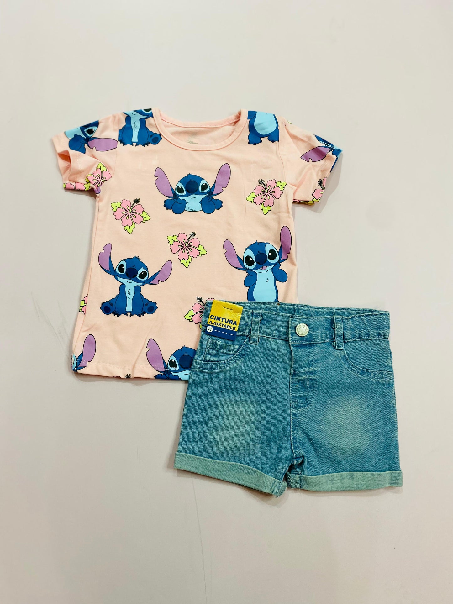 Set Conjunto short jean para bebé niña Stitch rosado D9-STI-178B