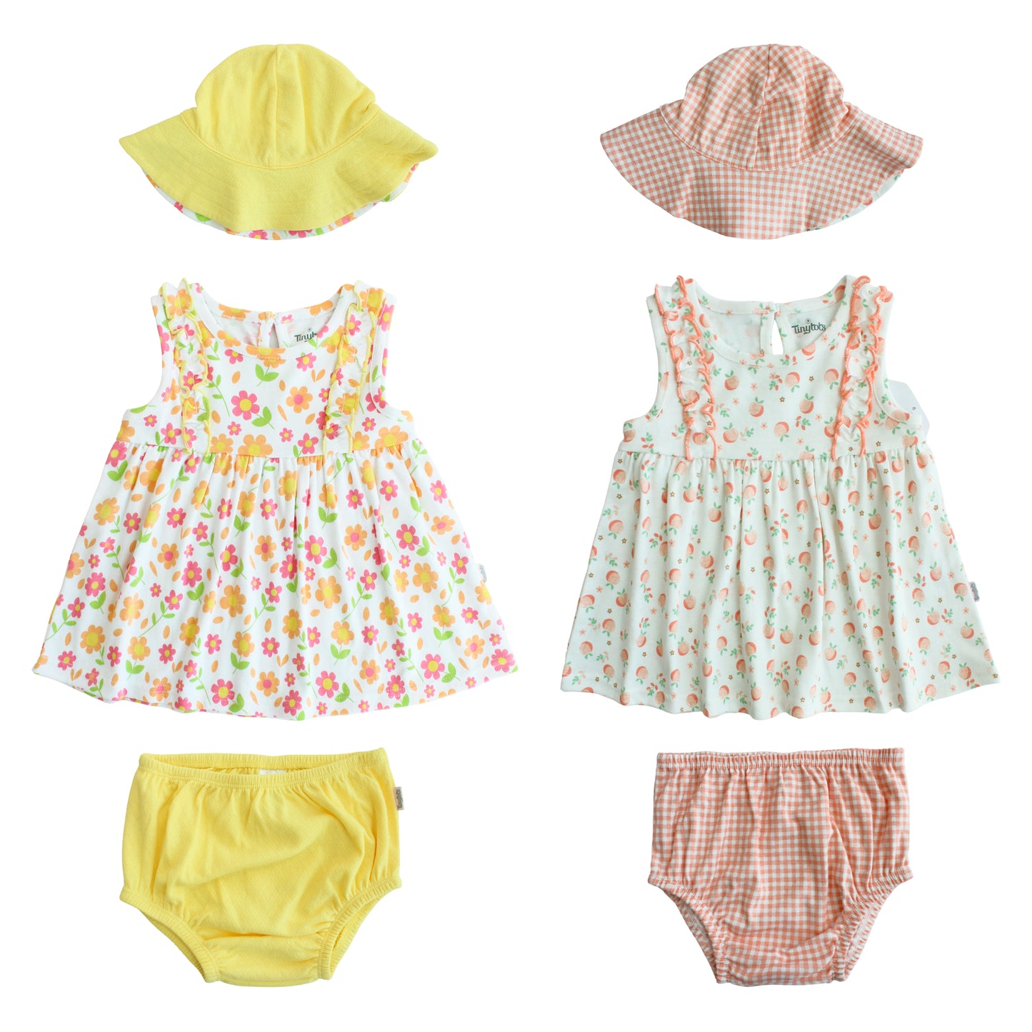 Set 3 piezas vestido blanco flores sombrero amarillo bebe niña Tinytots D94563TT