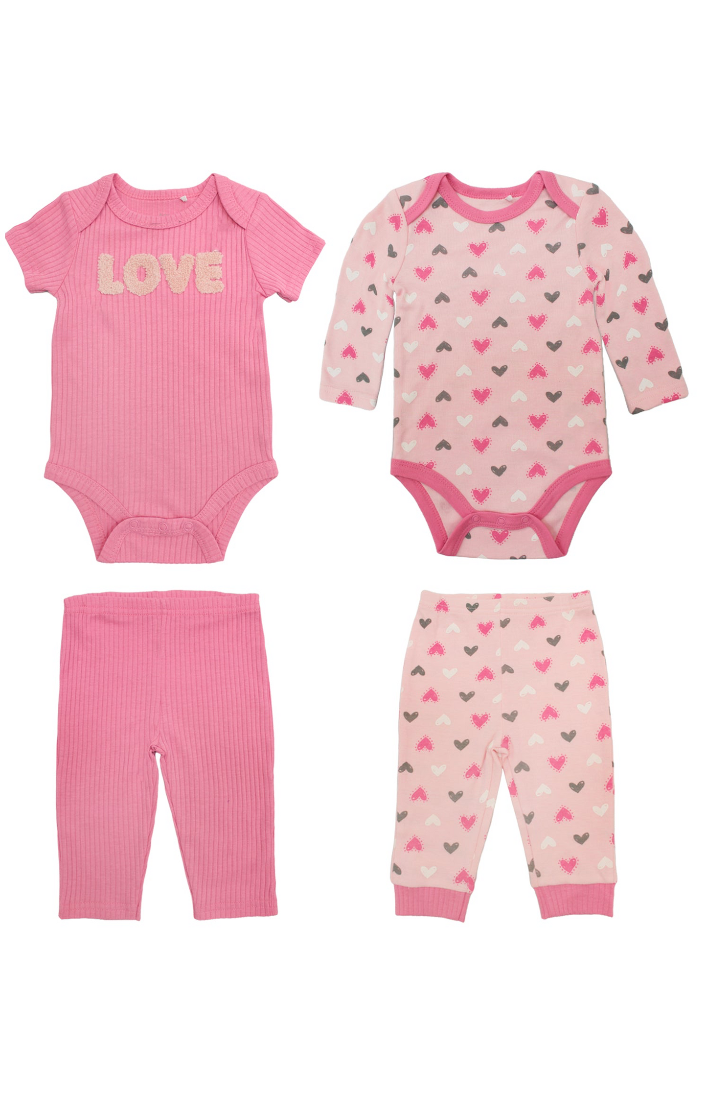 Set 4 piezas bebe niña camisa mameluco pantalon rosado corazones Tinytots DA2712-AST-TT