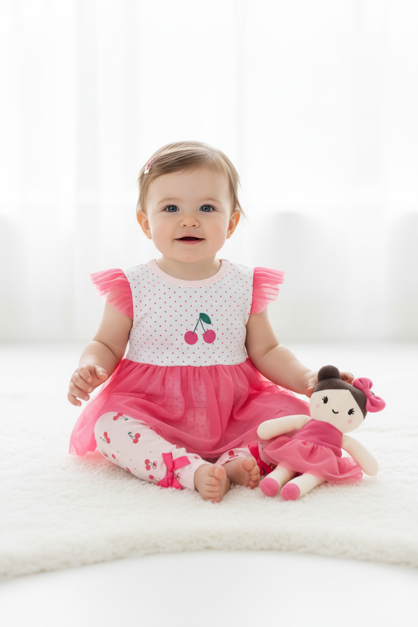 Set conjunto 2 piezas bebe niña mameluco tutu rosado leggins peluche apego Tinytots DA3267-ASTTT cerezas