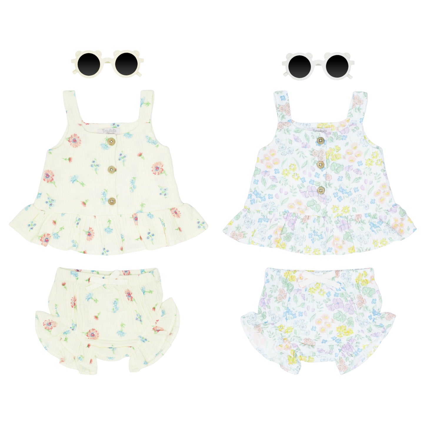 Set 3 piezas camisa short lentes beige floreado bebe niña E013J501GB