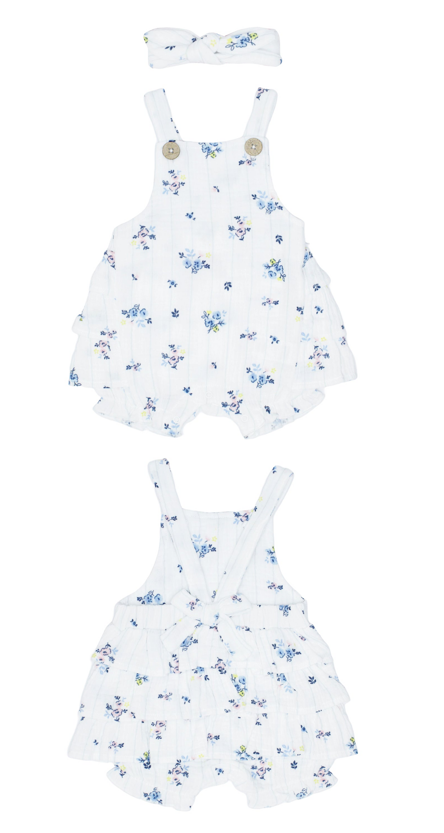 Set conjunto 2 piezas mameluco overall flores azul diadema bebe niña E131J201GB