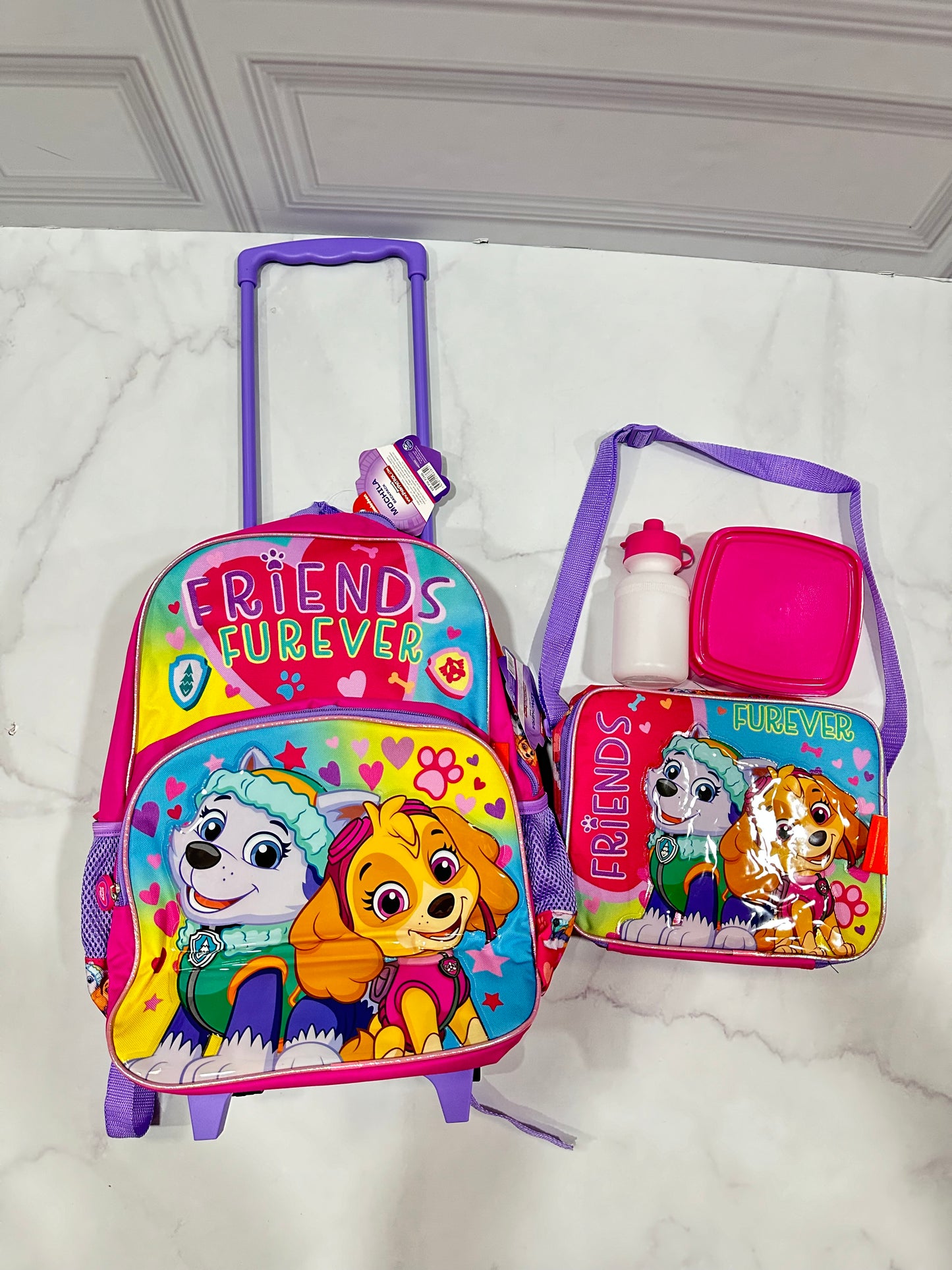 Mochila con ruedas y Lonchera Sky Paw patrol con termo y pana friends