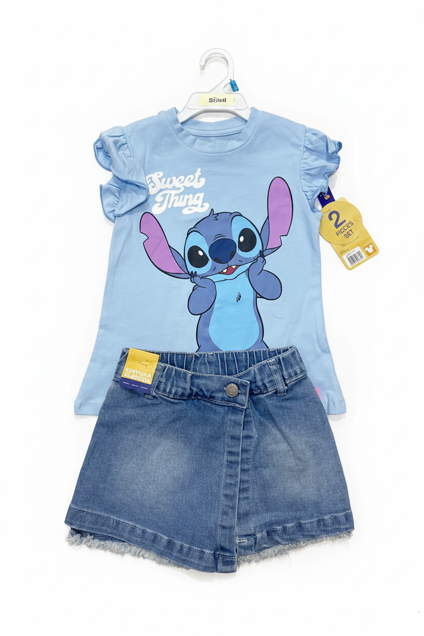 Set conjunto 2 piezas camisa azul, falda short Jean niña Stitch D9-STI-129D 690/490