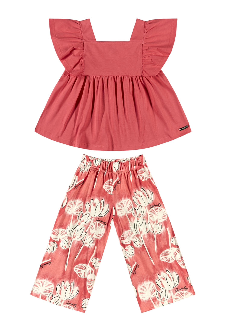 Set 2 piezas niña quimby pantaloneta camisa roja 34188-181651 revuelos flores