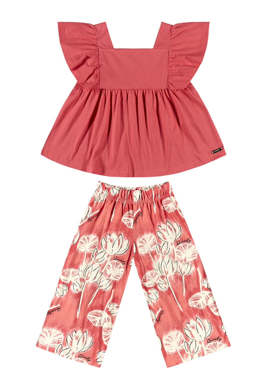 Set 2 piezas niña quimby pantaloneta camisa roja 34188-181651 revuelos flores