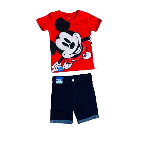 Set 2 piezas Mickey camisa roja short jeans bebe niño