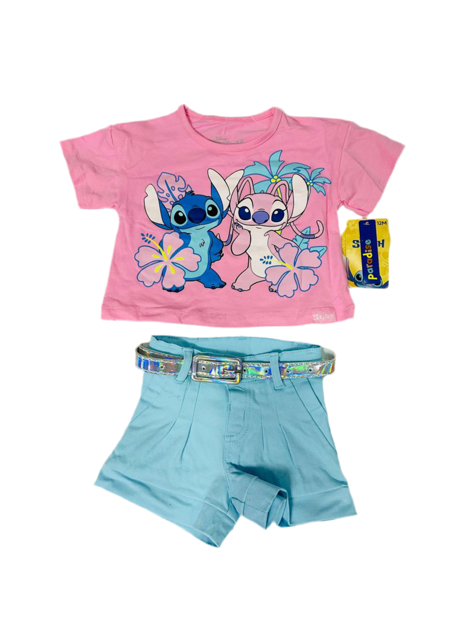 Set conjunto camisa rosada short azul celeste niña Stitch D9-STI-166B