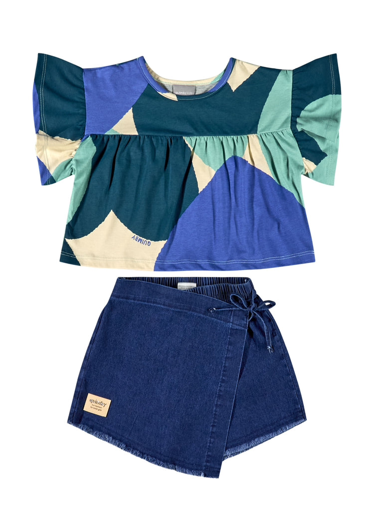 Set 2 piezas niña quimby falda short camisa azul verde 34167-AB2153